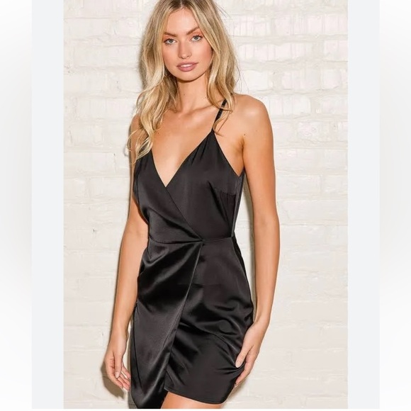 Lulu's What a Stunner Black Satin Asymmetrical A-Line Mini Dress Size M - Picture 3 of 13